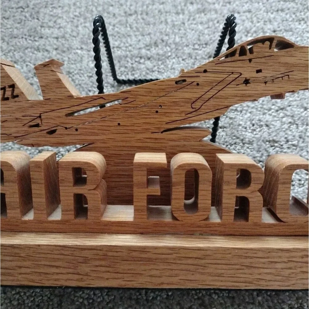 Wood Carved Laser Cut Air Force Jet  Shelf Sitter Desk Plaque Military USA